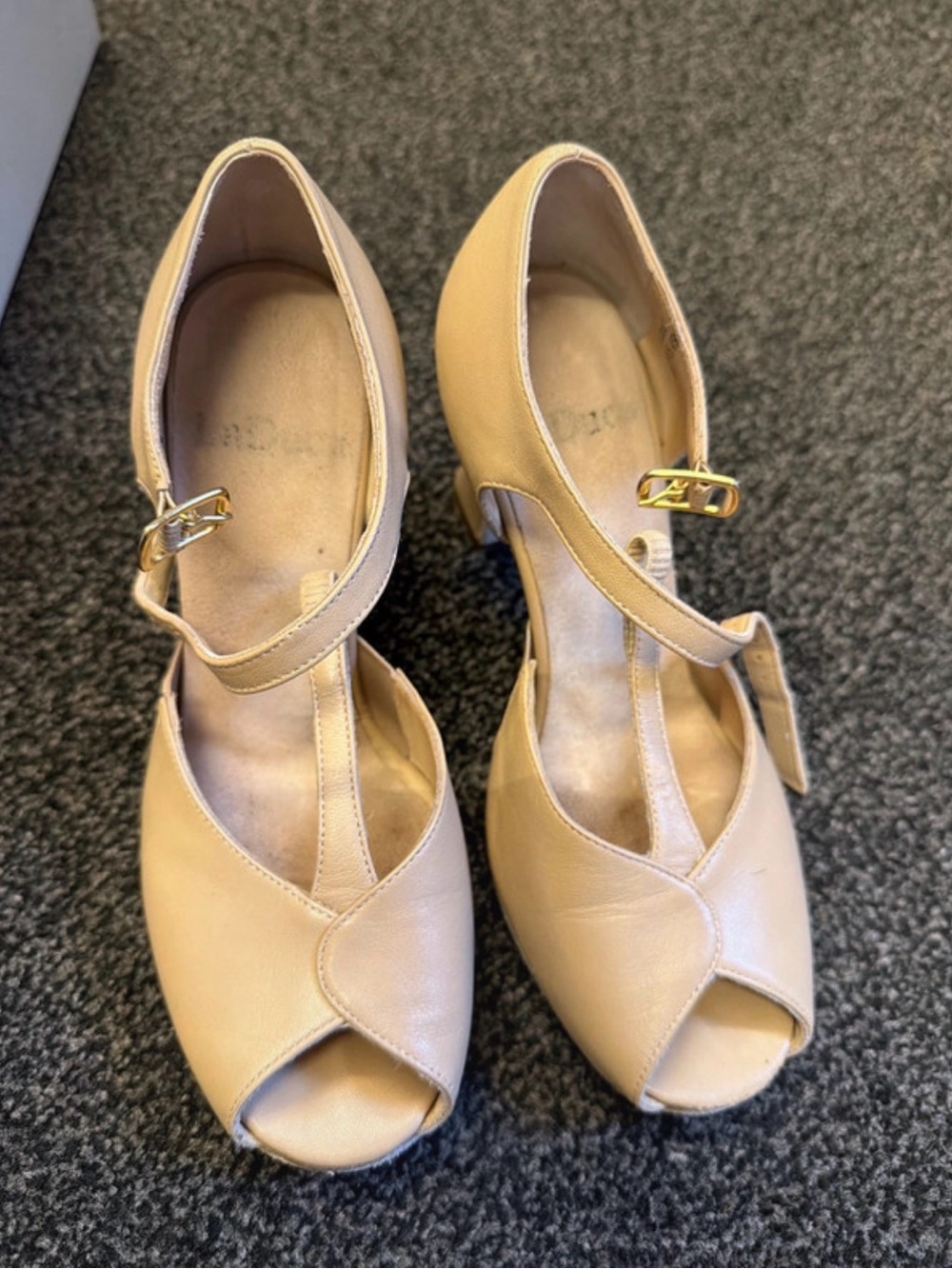 Laduca Classic Beige T-Strap Mary Jane Heels with Gold Buckle